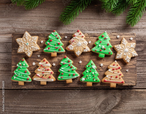 Overhead view of assorted Christmas cookies on a wooden board with pine branches in the background, featuring trees and stars with festive decorations.
