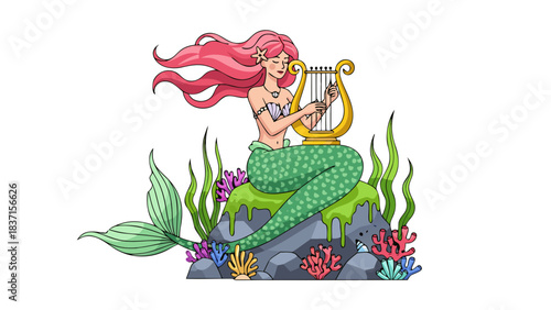 Pixel Art Mermaid with Pink Hair and Green Scales Playing a Golden Lyre on a Rock Amidst Coral and Seaweed