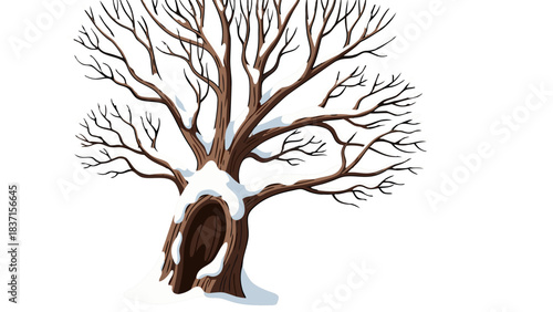 Pixel Art Of A Bare Tree With Snow Covered Branches And A Hollow Trunk In Winter On A Black Background