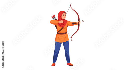 Pixel Art Of A Woman Wearing A Red Hijab And Orange Tunic Aiming A Bow And Arrow Against A Black Background