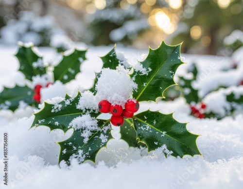 Snow-covered holly leaves with bright red berries in a winter landscape at Christmas time with warm sunlight filtering through trees.