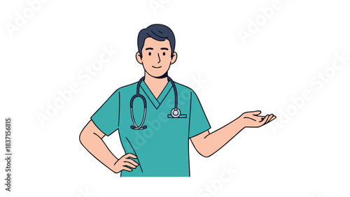 Pixel Art Portrait Of A Male Doctor In Teal Scrubs And Stethoscope Presenting With Open Hand Against Black Background