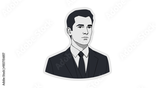 Pixel Art Portrait of a Man in a Dark Suit and Tie Looking Forward with Serious Expression Against a Black Background