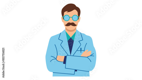 Pixel Art Portrait Of A Man With A Mustache Wearing A Lab Coat And Glasses Standing Arms Crossed Against A Black Background