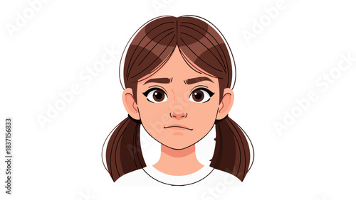 Pixel Art Portrait of a Young Girl with Brown Pigtails and a White T-Shirt Facing Forward with a Neutral Expression Against a Black Background