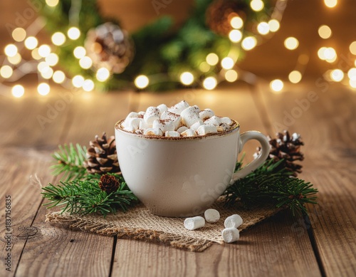 A warm white mug filled with hot chocolate and marshmallows sits on a rustic wooden table surrounded by Christmas decorations including pine needles pinecones and string lights.