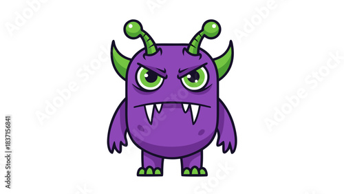 Pixel Art Purple Monster With Green Eyes And Antennas Standing Against A Black Background With Sharp Teeth And Angry Expression
