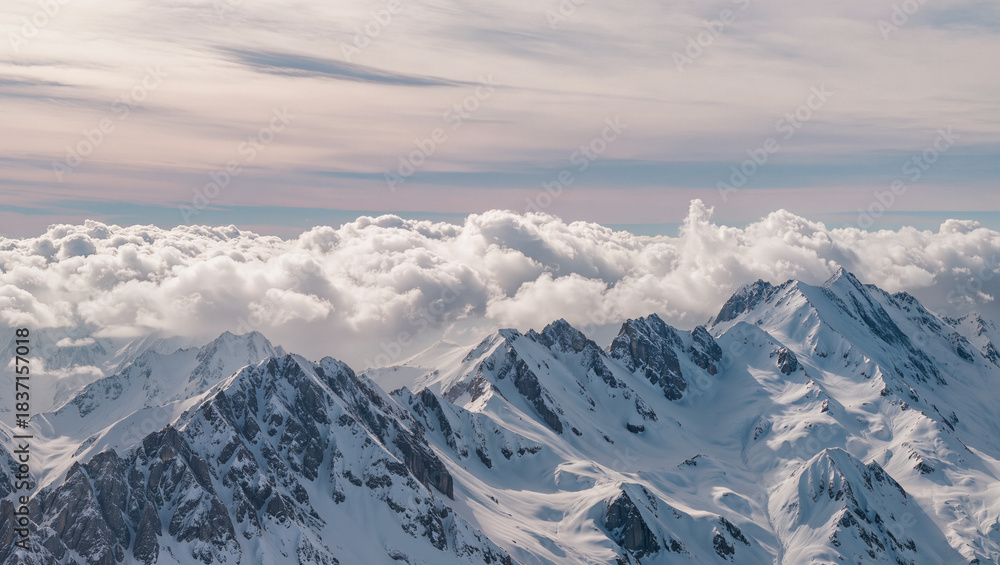 Naklejka premium Snowy mountain peaks emerging through fluffy clouds in soft airy neutral tones, pastel sky at sunrise creating dreamy high altitude alpine landscape