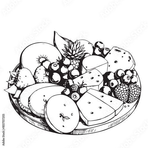 Summer fruit and cheese charcuterie board drawing design black and white delicious vector.