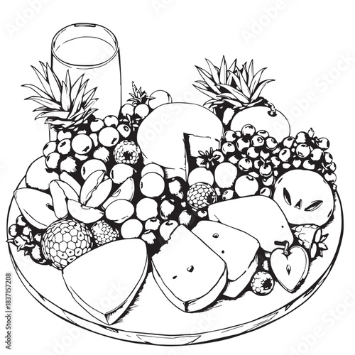 Summer fruit and cheese charcuterie board drawing design black and white delicious vector.