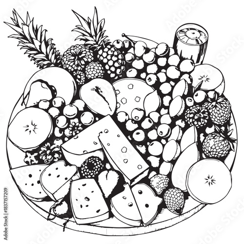 Summer fruit and cheese charcuterie board drawing design black and white delicious vector.