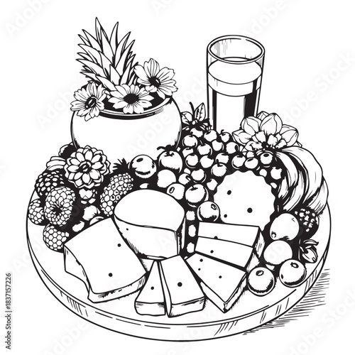 Summer fruit and cheese charcuterie board drawing design black and white delicious vector.