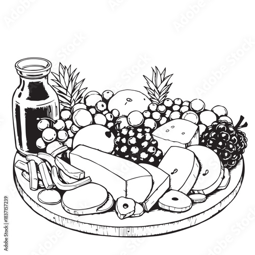 Summer fruit and cheese charcuterie board drawing design black and white delicious vector.