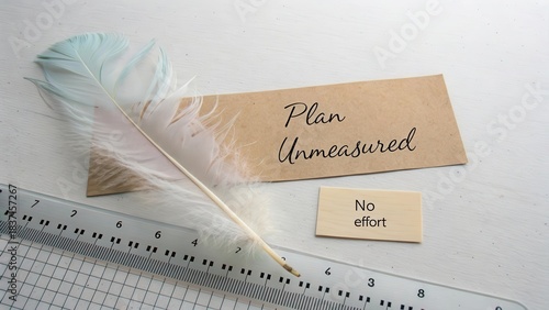 Feather on ruler with handwritten notes about unmeasured plans