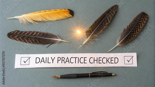Feathers aligned with daily practice checked concept and pen