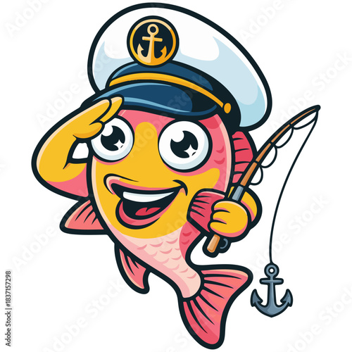 Marine Fish Character Wearing Captain Hat and Holding Anchor – Bright Cartoon Nautical Mascot Vector for Seafood Branding, Children’s Products, Logos and Fun Ocean Artwork