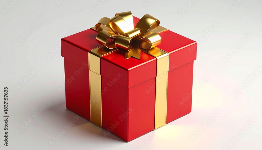 Obraz premium egalo de Navidad rojo brillante con un lazo dorado metálico sobre un fondo neutro. El lazo comienza a desatarse solo, con movimiento suave y realista, deslizándose y aflojándose.