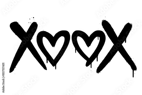 Bold black spray paint XOXO hearts design perfect for edgy romantic or street art projects