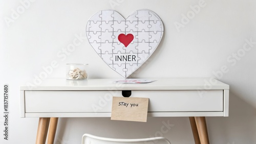 Heart puzzle cutout labeled inner on white desk
