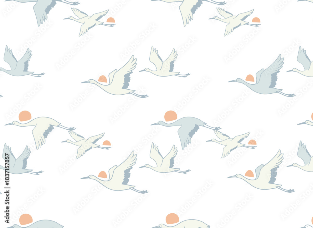 Fototapeta premium This seamless bird motif showcases flocks of white‑feathered cranes and herons soaring across an endless, repeating background, ideal as a flat vector illustration for fabrics, textiles, and
