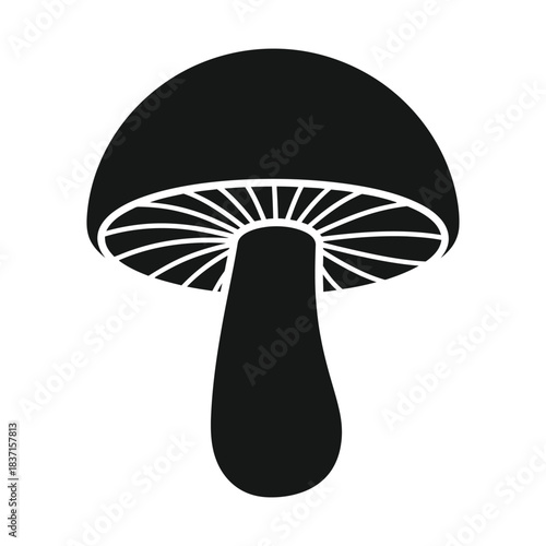 Vector silhouette of black silhouette of a classic toadstool mushroom with visible gills