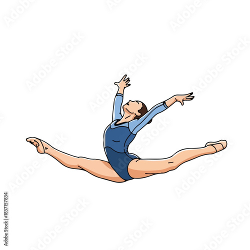 Dynamic Vector illustration of a female gymnast in a graceful split leap pose, showcasing athletic strength and flexibility during a performance