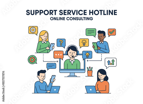 A call center operator wearing a headset engages with customers and business clients, providing online support and consulting, depicted in a flat vector illustration on a white background