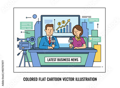 A TV studio scene shows an anchorman and anchorwoman delivering the latest business news, while the reporters work in the newsroom; a colored flat cartoon vector illustration places the newscasters