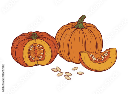 A crisp autumn pumpkin, sliced to reveal its seeds, surrounded by a round squash filled with orange pulp, depicted as a realistic raw vegetable in a vintage hand‑drawn colored vector illustration set