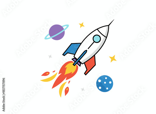 A cosmic rocket soaring through open space, its engines blazing with flames, depicted as a futuristic spaceship or shuttle in a colored flat textured vector illustration of intergalactic transport