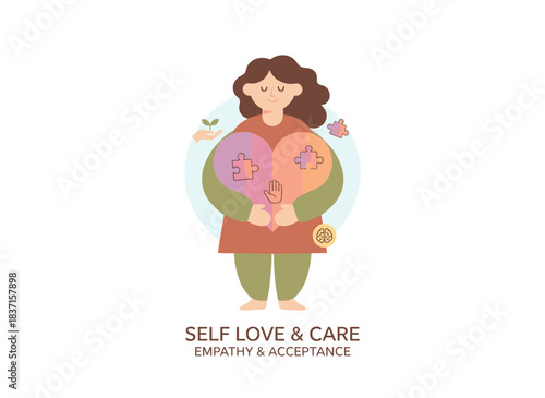 A woman devoted to self‑love, care, support, and acceptance, embodying concepts of mental health, psychology, and psychotherapy, portrayed as a happy, calm, kind, empathetic female in a flat vector