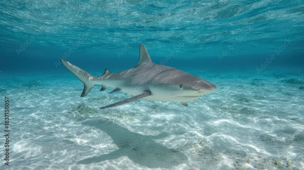 Fototapeta premium A shark glides smoothly through luminous turquoise waters showcasing its power and beauty.
