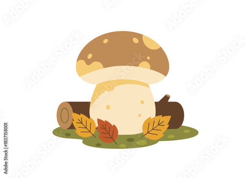 Stump-grown puffball mushroom, pear-shaped with a rounded cap, a naturally edible fungus harvested in autumn forests as seasonal fall food, illustrated in a flat vector graphic on a white background