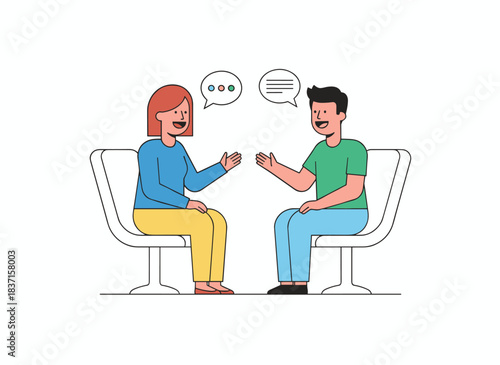 A woman and a man, friends, sit on chairs, converse, gaze at one another, sharing a cheerful dialogue in a flat vector illustration set against a white background