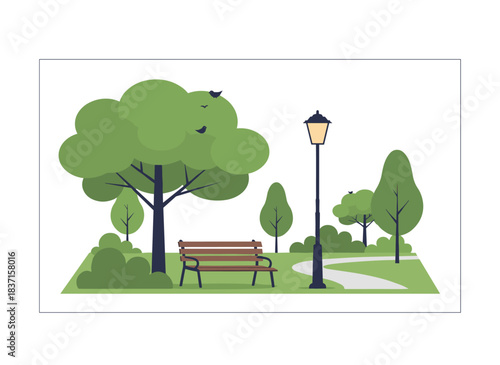 A city park scene featuring a bench, trees, and a streetlamp, set in a public green space that offers a calm, serene atmosphere with an outdoor seat, rendered as a flat vector illustration on a white