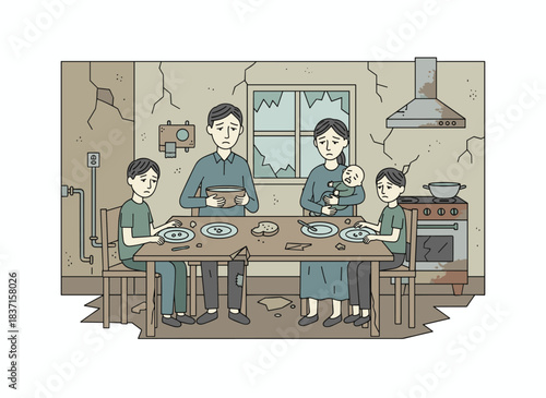 Illustration of poverty and food scarcity: a poor family eating at a broken kitchen table, with hungry, sad faces and scant food on their plates, rendered as a flat vector on a white background