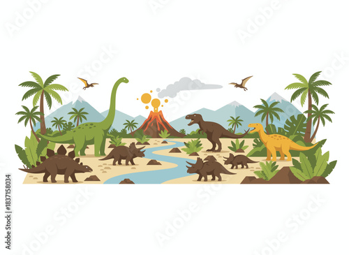 The world of dinosaurs in the Jurassic period showcases prehistoric extinct creatures within an ancient jungle panorama, featuring diverse species, paleontological fauna, and a biodiverse landscape