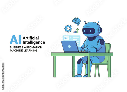 A robot operates a laptop, embodying AI, , business automation, automated processes, and machine learning concepts, while an Android bot sits at a computer, depicted as a flat vector