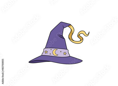 A flat vector illustration of a purple wizard hat, presented as magical headwear and an illusionist accessory, isolated on a white background, representing a traditional magician headdress and a