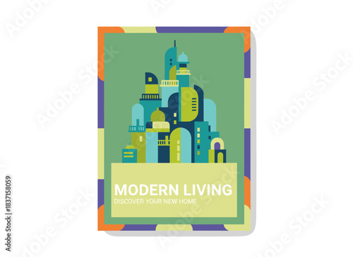 A promotional poster featuring abstract architectural elements, set against a green backdrop with a building, presented on a vertical placard that includes space for text, rendered as a colorful
