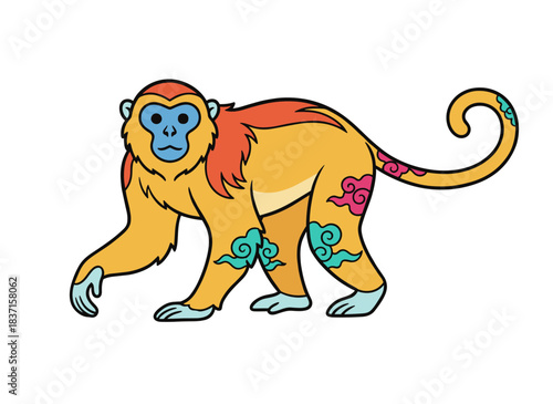 A Chinese golden monkey sporting a blue face and a snub nose, drawn by hand as an exotic Asian creature with a long tail and limbs, presented as a vibrant flat vector on a white backdrop
