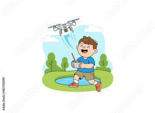 A cute little boy is shown launching a drone in an outdoor flat vector illustration, smiling as he holds the remote control of a quadcopter against a white backdrop, enjoying the modern device in the