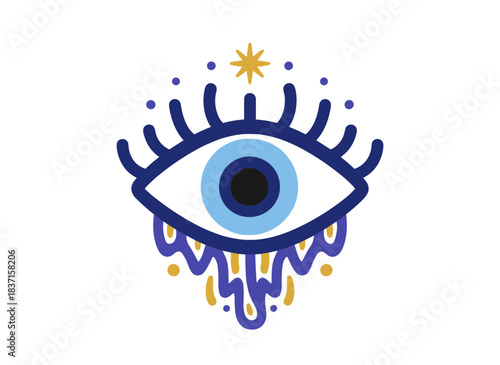 A mystical evil eye adorned with eyelashes, featuring a spiritual eyeball that watches, rendered as a doodle-style sacred design element in flat vector form, standing alone on a white background as a