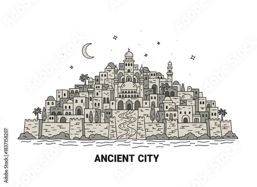 A hand‑drawn, monochrome sketch of an ancient city, featuring oriental-style old buildings outlined with contour lines against a white backdrop, reminiscent of Jerusalem or Baghdad, showcasing a