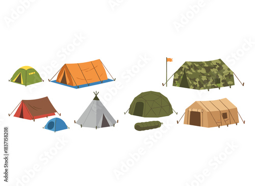 A set of diverse tourist and military tents displayed against a white backdrop, depicting shelters for hiking, mountaineering, adventure travel, and recreation in a flat cartoon vector style