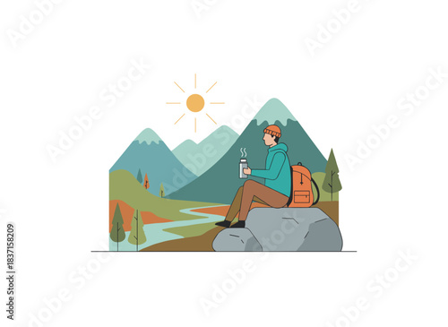 A tranquil scene shows a hiker taking a break alone in nature after a trek, sipping hot tea from a thermos while surrounded by mountains, depicted in a flat vector illustration