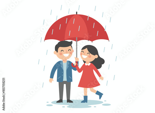 A romantic couple stands beneath an umbrella as rain pours, sharing a joyful moment together in a flat vector illustration set against a white background