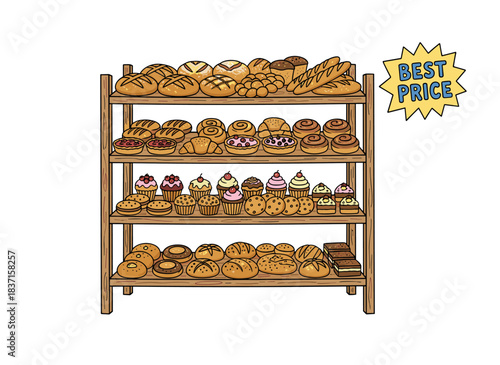 Display fresh, appetizing bakery items on a rack in a flat vector illustration, hand‑drawn to highlight sweets, breads, and various baked goods in isolation, offering a pastry assortment at the best