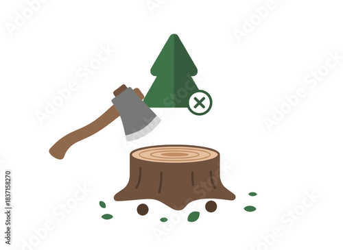 An axe is lodged in a stump after the tree has been felled, its sharp metal blade embedded in the stub, while a hatchet remains stuck in the chopped trunk, illustrating deforestation in a flat vector