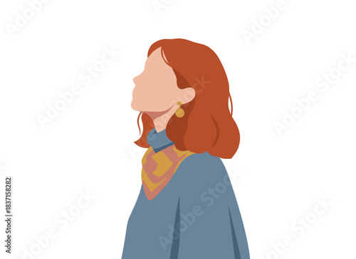 Profile of a woman: an abstract female face turned to the side, head tilted, depicting a young faceless girl in modern, casual attire, rendered as a flat vector illustration on a white background